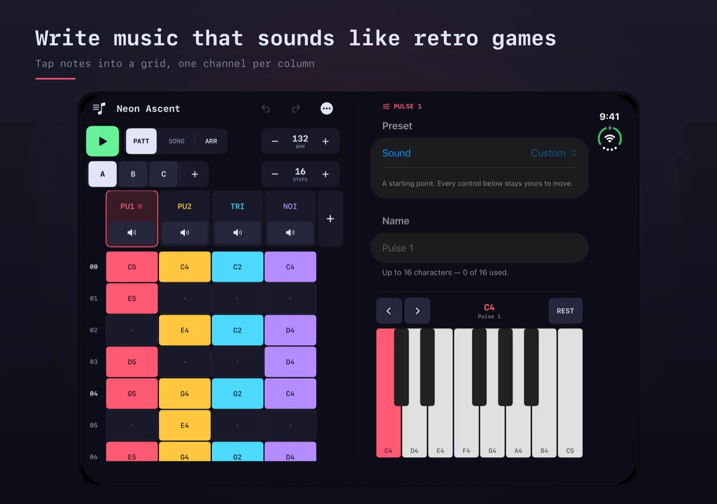Developer screenshot of iPhone Duo inner display with sequencer grid beside sound controls and note keys