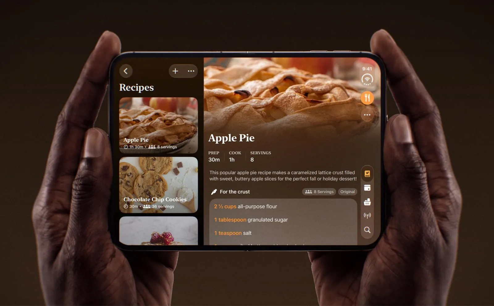 Lume on iPhone Duo unfolded: recipe list on the left and the Apple Pie recipe with ingredients on the right of the inner display