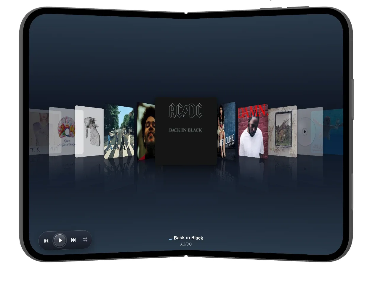 NostalgicPod on iPhone Duo unfolded: cover flow album carousel across the 7.6-inch inner display