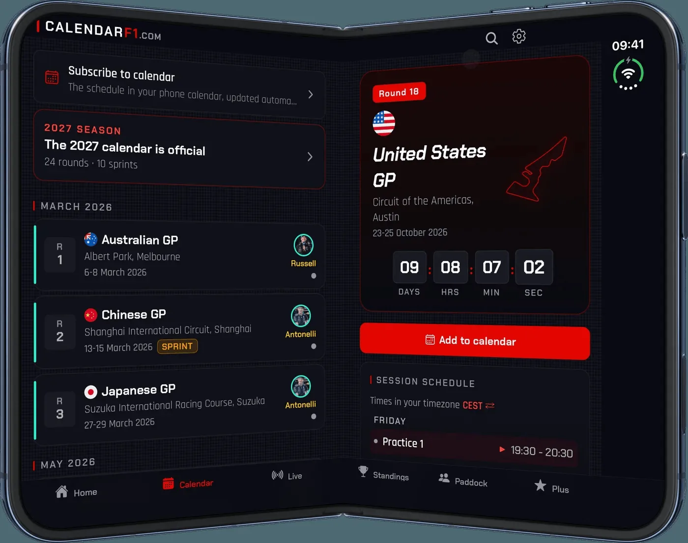 Race Calendar & Live Timing on iPhone Duo unfolded: race list on the left, the selected United States GP with countdown and session schedule on the right