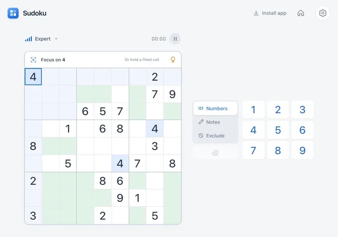 After: the same open iPhone Duo screen. The number keys and the Numbers, Notes, and Exclude modes sit beside the board, and everything fits.