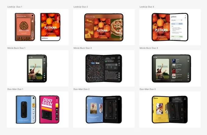 Grid of foldable smartphone mockups showcasing various apps: LookUp with vocabulary features, Movie Buzz with streaming options, and Duo-Man with music and photo albums. Each phone displays different interfaces and colors.