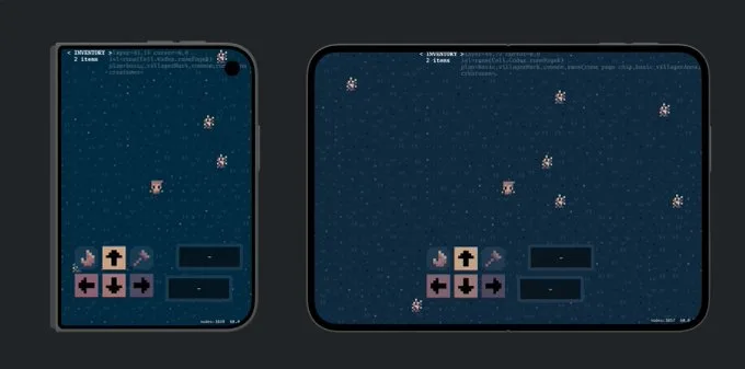 Screenshot of Dungeon Cell running on the iPhone Duo simulator with the game in folded mode on the left and open mode on the right.