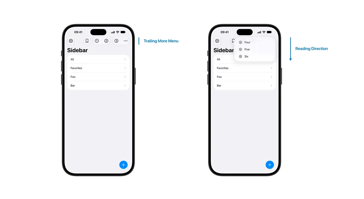 Two iPhone 18 Pro showing a toolbar with a settings icon at the top left and a row of buttons at the top right. The buttons on the top right are truncated at the trailing edge into a more menu. The second iPhone shows the more menu with the overflowing icons arranged from top to bottom.