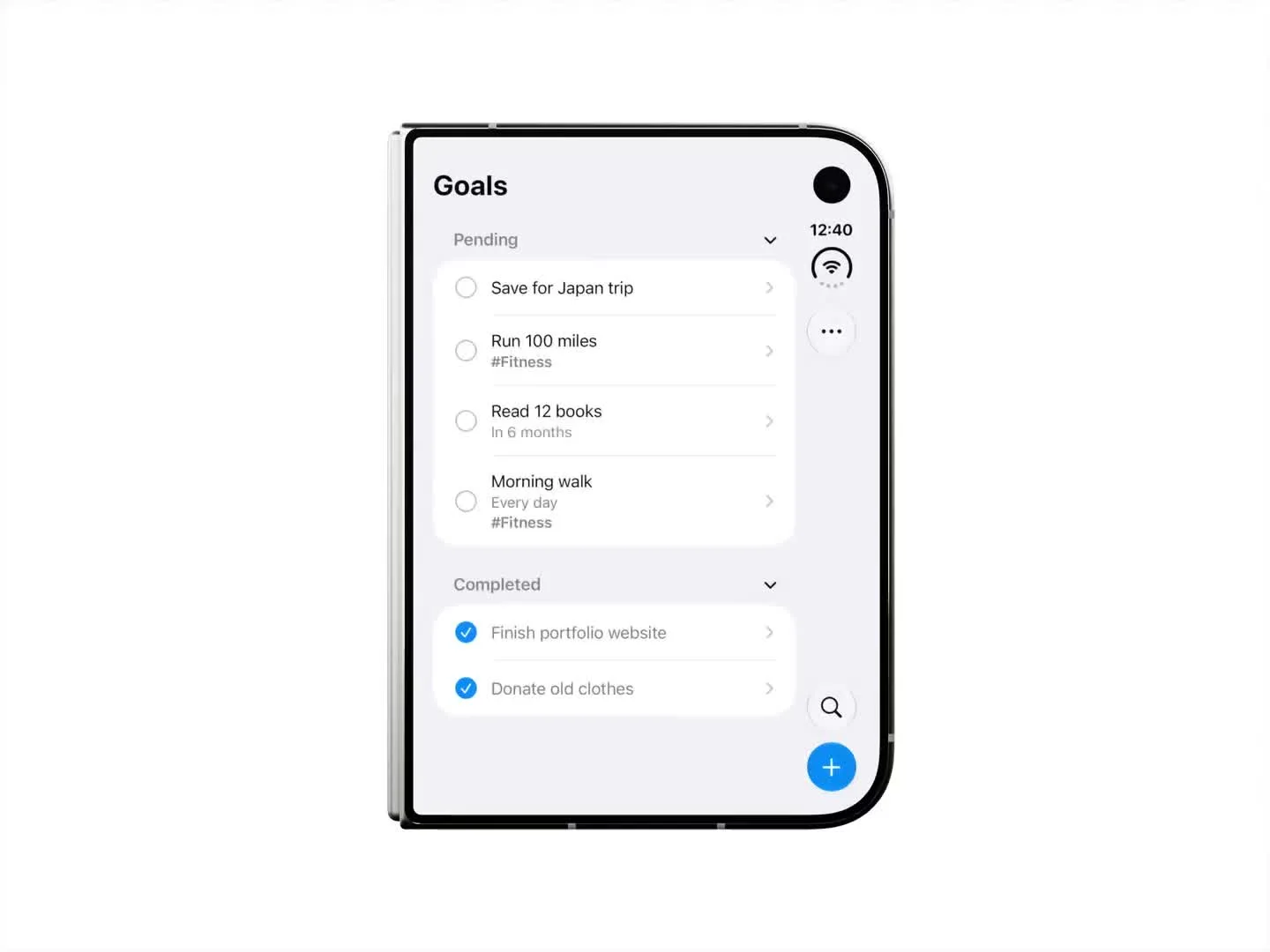 Moku: goals in a list closed, beside the goal open