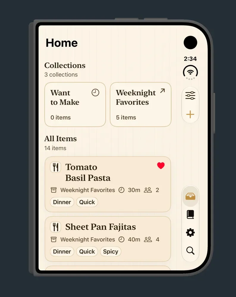 Trophikos: recipes in a list closed, recipe beside it open