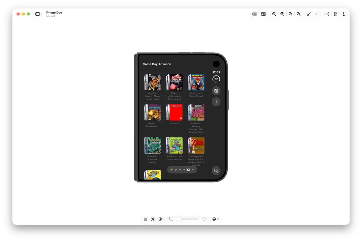 Delta on Duo Simulator, showing game library on outer screen