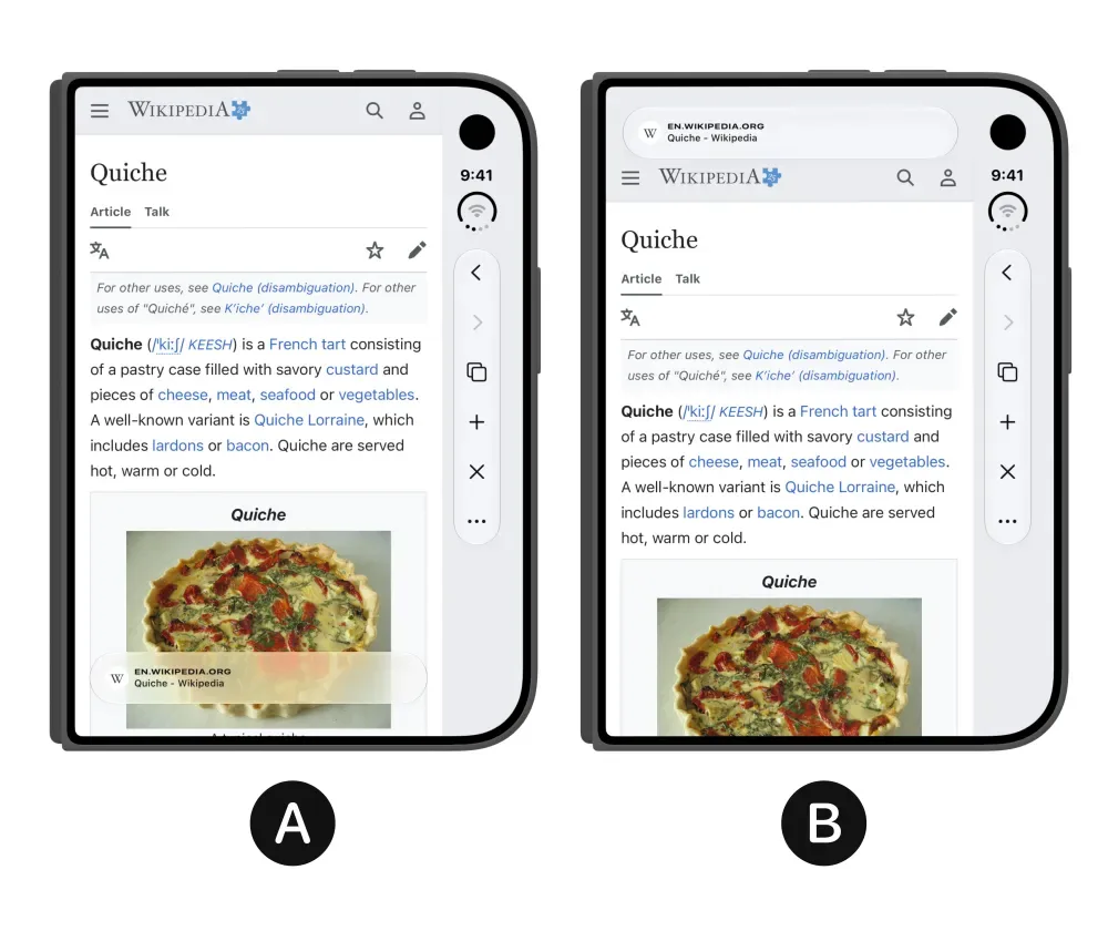 Quiche Browser: four toolbar layouts for the closed cover