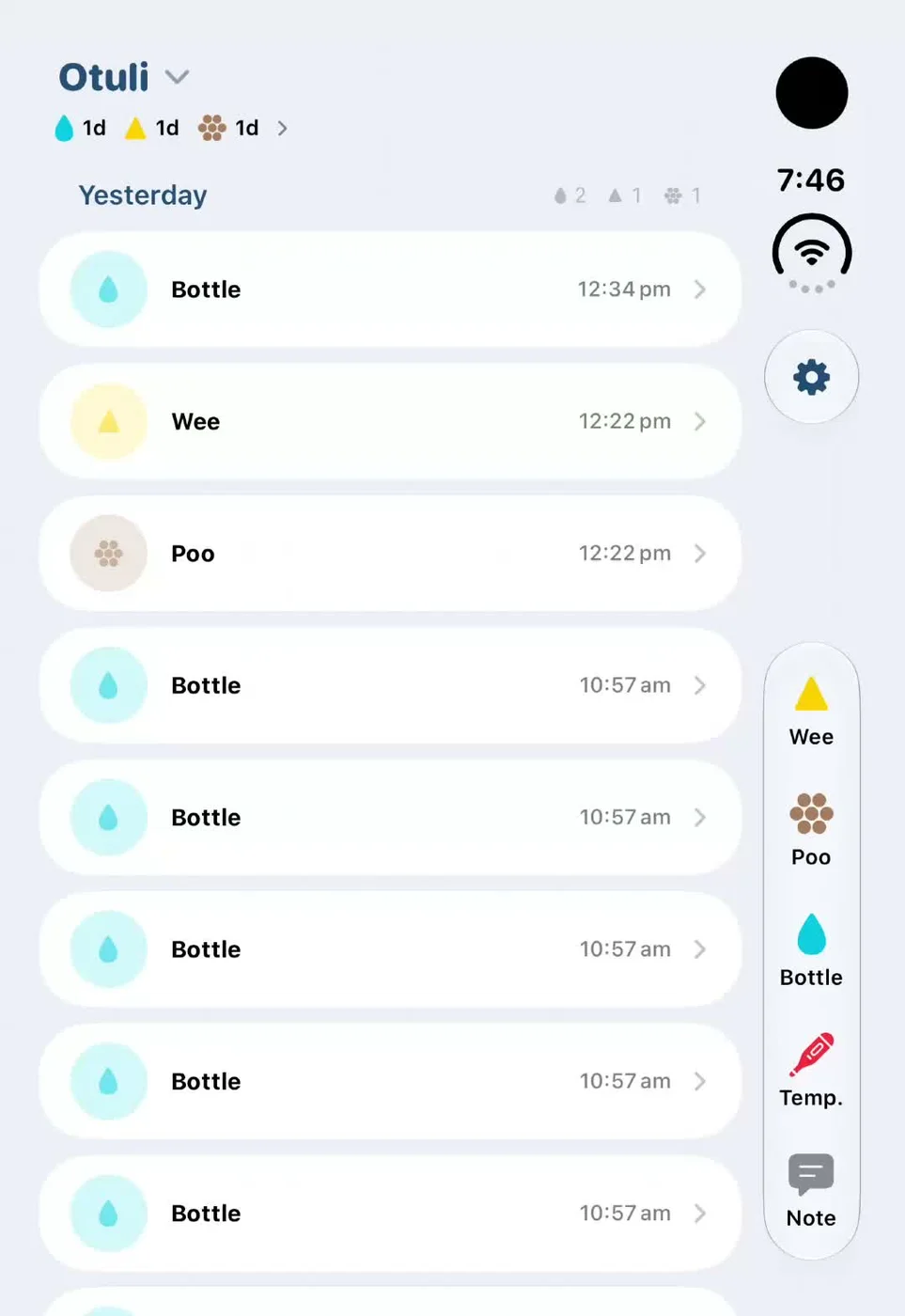 Otuli: one-tap baby logs in a paging bar beside the log