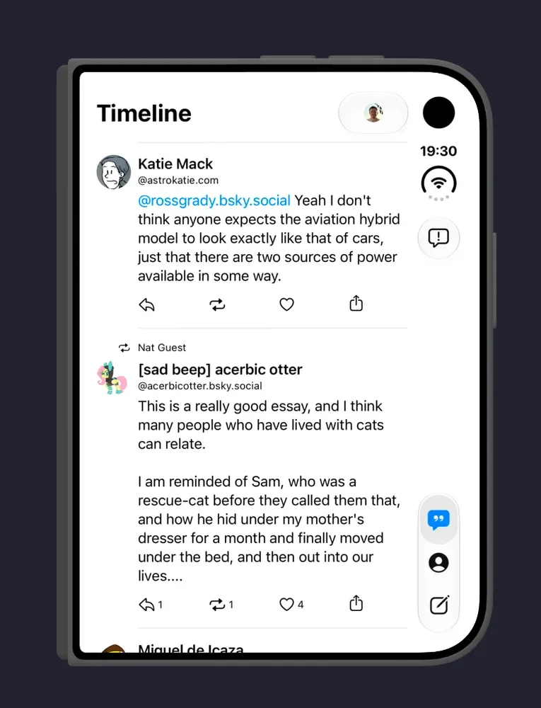 Skyline: a Bluesky timeline on the cover, wider when open
