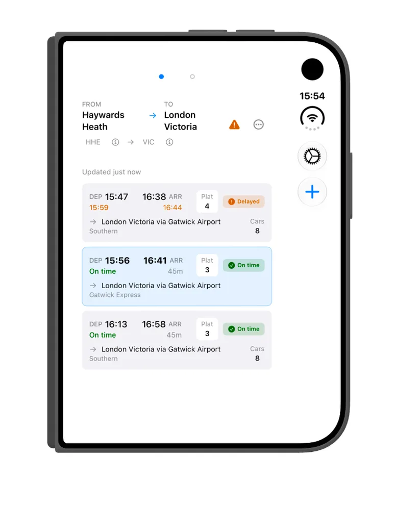 Next3trains app on the iOS 27.1 simulator, showing the app with the iPhone Duo closed