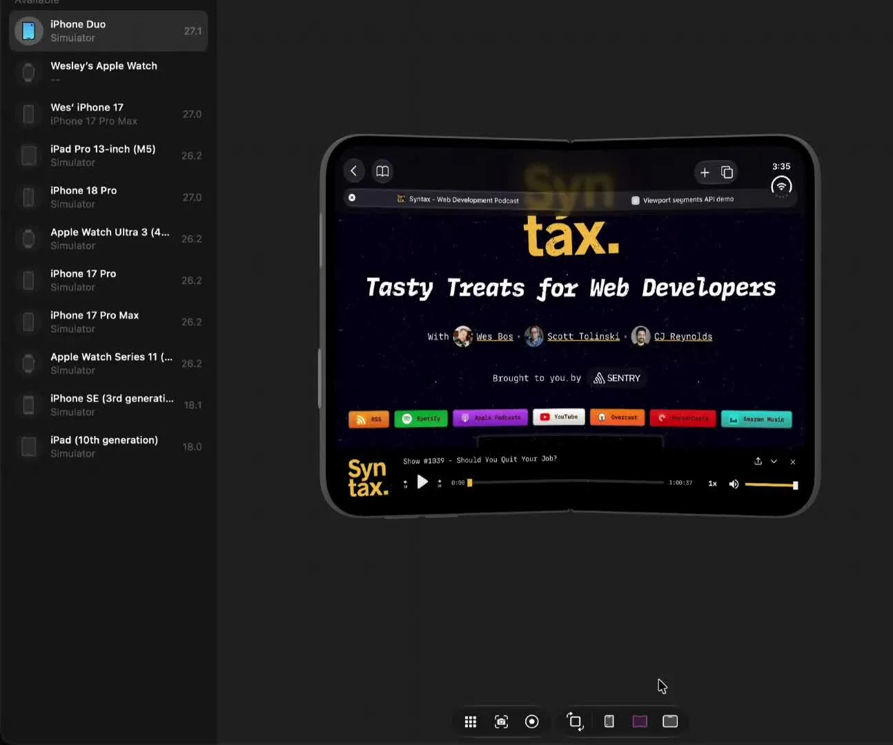 Syntax.fm in Duo Safari: toolbars squeeze the site closed