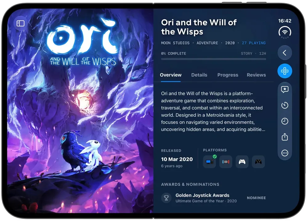 GameTrack: full-height cover art on the open Duo