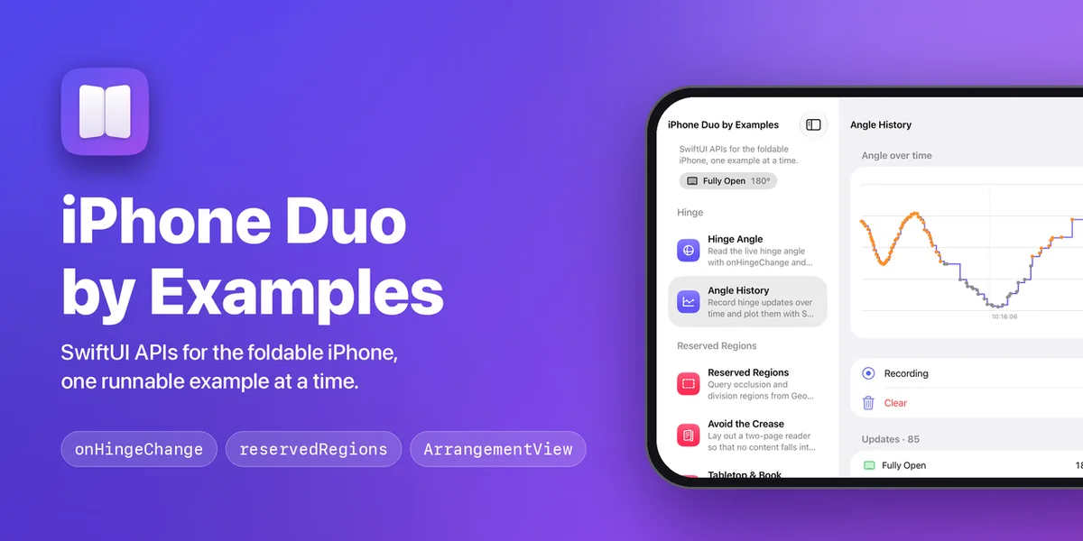 SwiftUI examples for the iPhone Duo (foldable iPhone) APIs in iOS 27.1: hinge, reserved regions, ArrangementView, vertical toolbar - artemnovichkov/iPhone-Duo-by-Examples