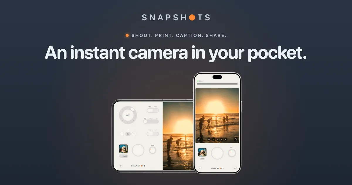 Snapshots on an iPhone and an iPhone Duo, under the words: An instant camera in your pocket.