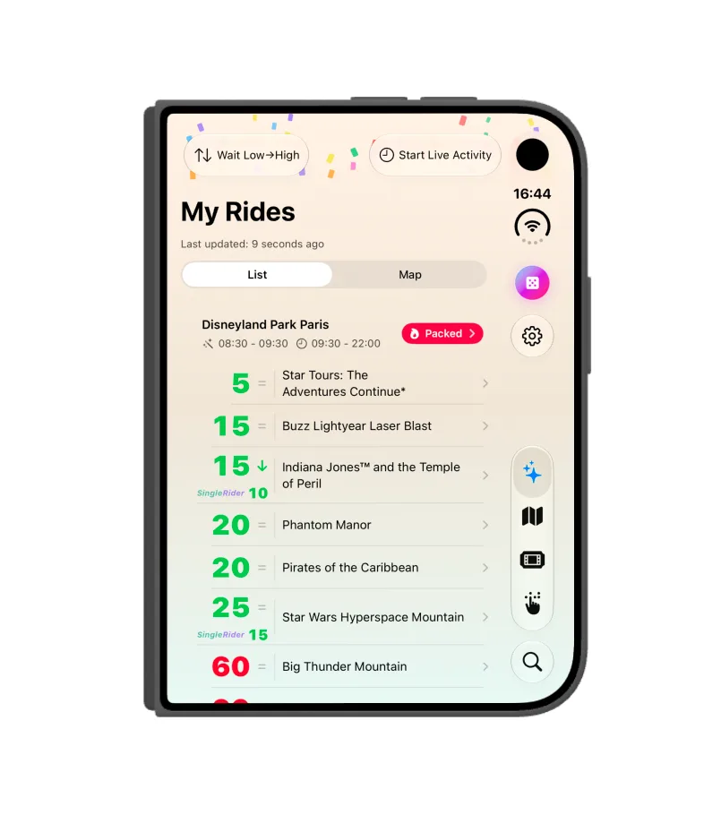 Ride Radar: wait times floating over a full park map