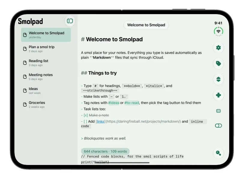 Smolpad: the note list moves beside the note when open