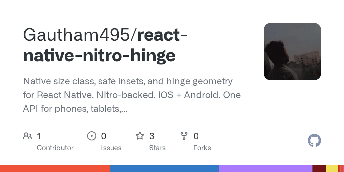 Native size class, safe insets, and hinge geometry for React Native. Nitro-backed. iOS + Android. One API for phones, tablets, foldables, tri-folds, iPhone Duo — and whatever ships next. - Gautham4...
