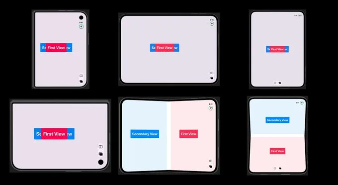 ArrangementView in overlay style across six iPhone Duo poses, stacked most of the time and side by side in a fold, with First View on the right.