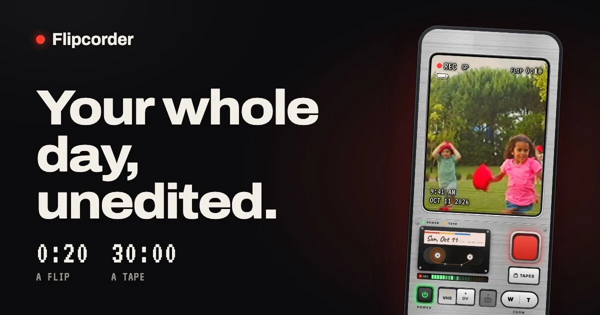 Flipcorder: Your whole day, unedited. The camcorder app on a phone, with the limits 0:20 a flip and 30:00 a tape.