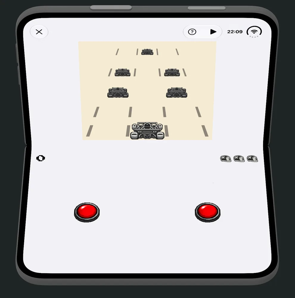 A folding phone shown open at roughly a right angle, styled like a handheld game console. The top half displays RetroRapid! in arcade mode: a car dodging three lanes of oncoming traffic, with three lives shown as small car icons in the top right. The bottom half of the folded device serves as a controller, with a red button on each side for steering left and right.