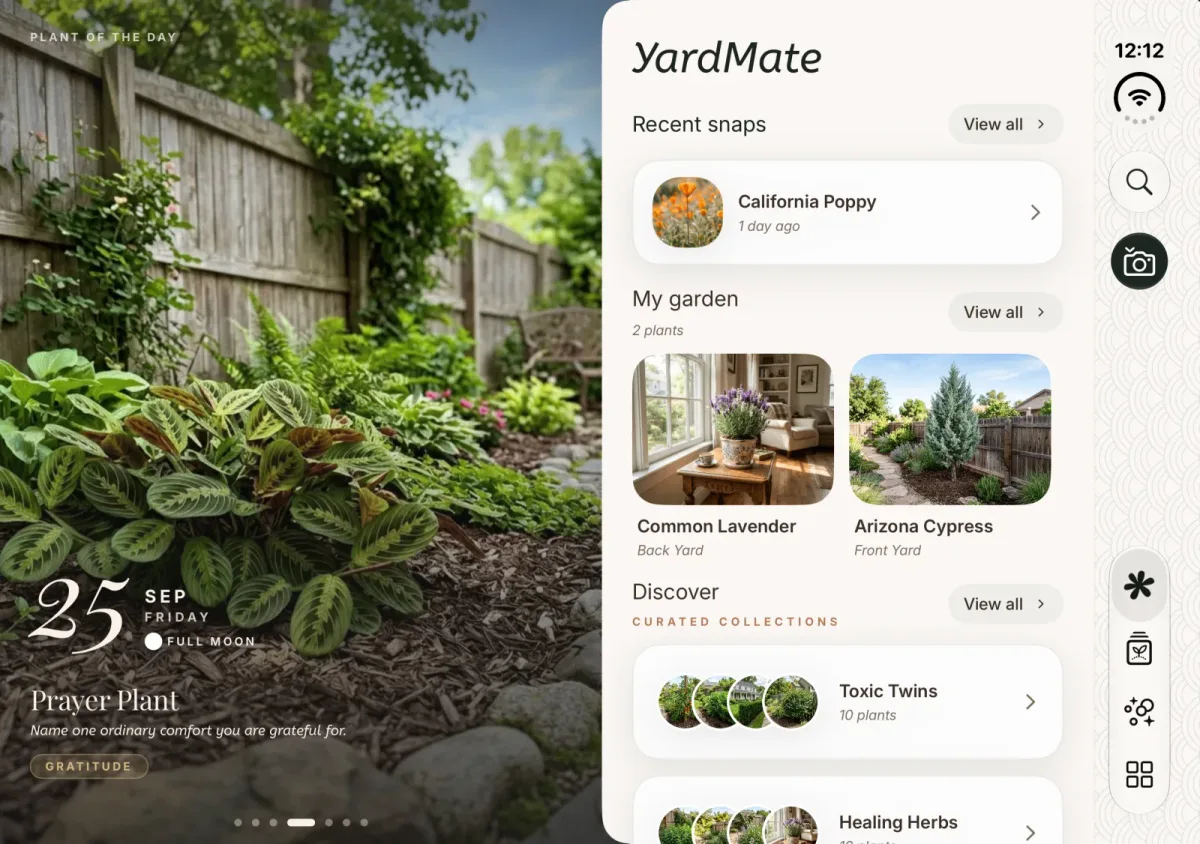 YardMate: plant photo and care notes as two facing pages