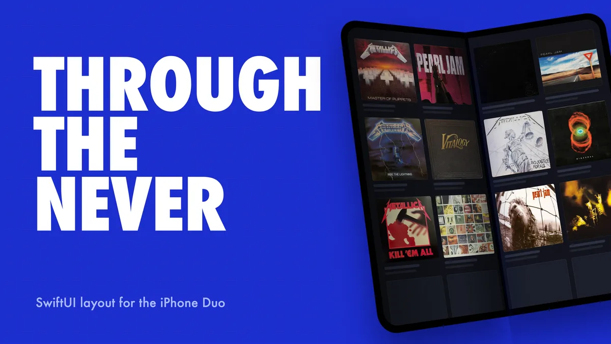 A half-unfolded foldable phone showing a grid of Metallica and Pearl Jam album covers, beside the words Through the Never on an ultramarine field