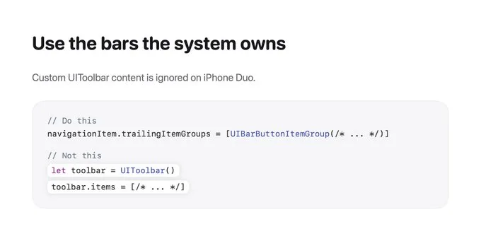 UIKit snippet showing trailingItemGroups as the supported path and a standalone UIToolbar as the path the system ignores.