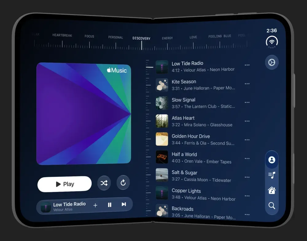 Presset: mood dial on top, station and tracks across the fold