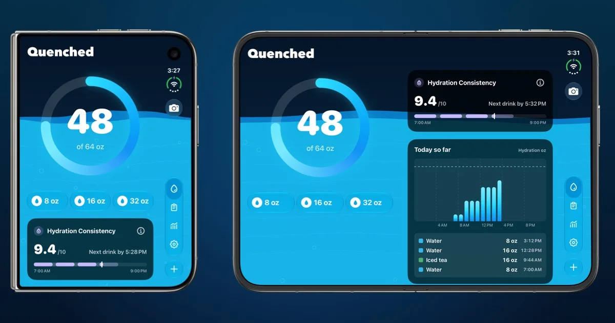 Quenched's Today screen on a Star White iPhone Duo, folded and open: one column on the outer display, two columns on the inner display.